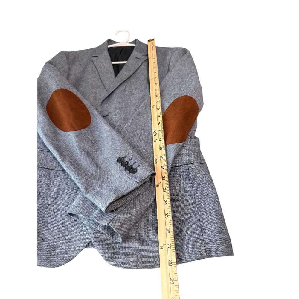 HM Slim Fit Blazer Light Blue Textured Sport Coat Brown Elbow Patches Mens